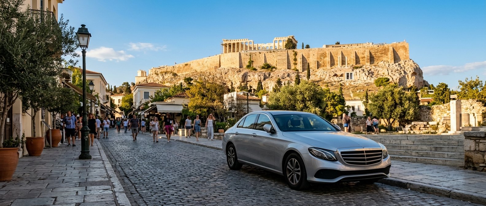 Ακρόπολη Αθηνών με αυτοκίνητο σε κοντινό δρόμο